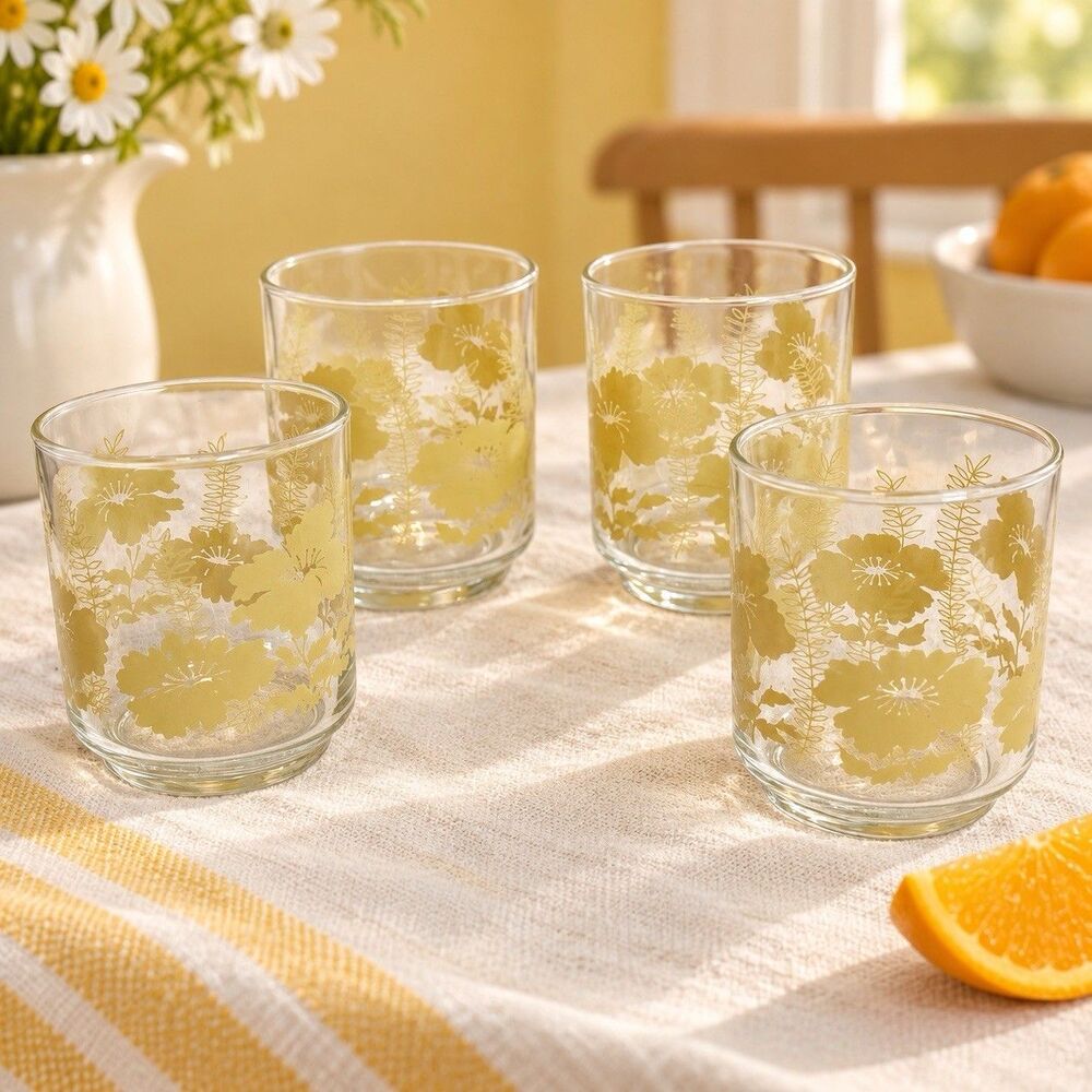 Vintage 70’s Libbey Yellow Hibiscus Fern Juice Glasses Set of 4 Retro Floral MCM